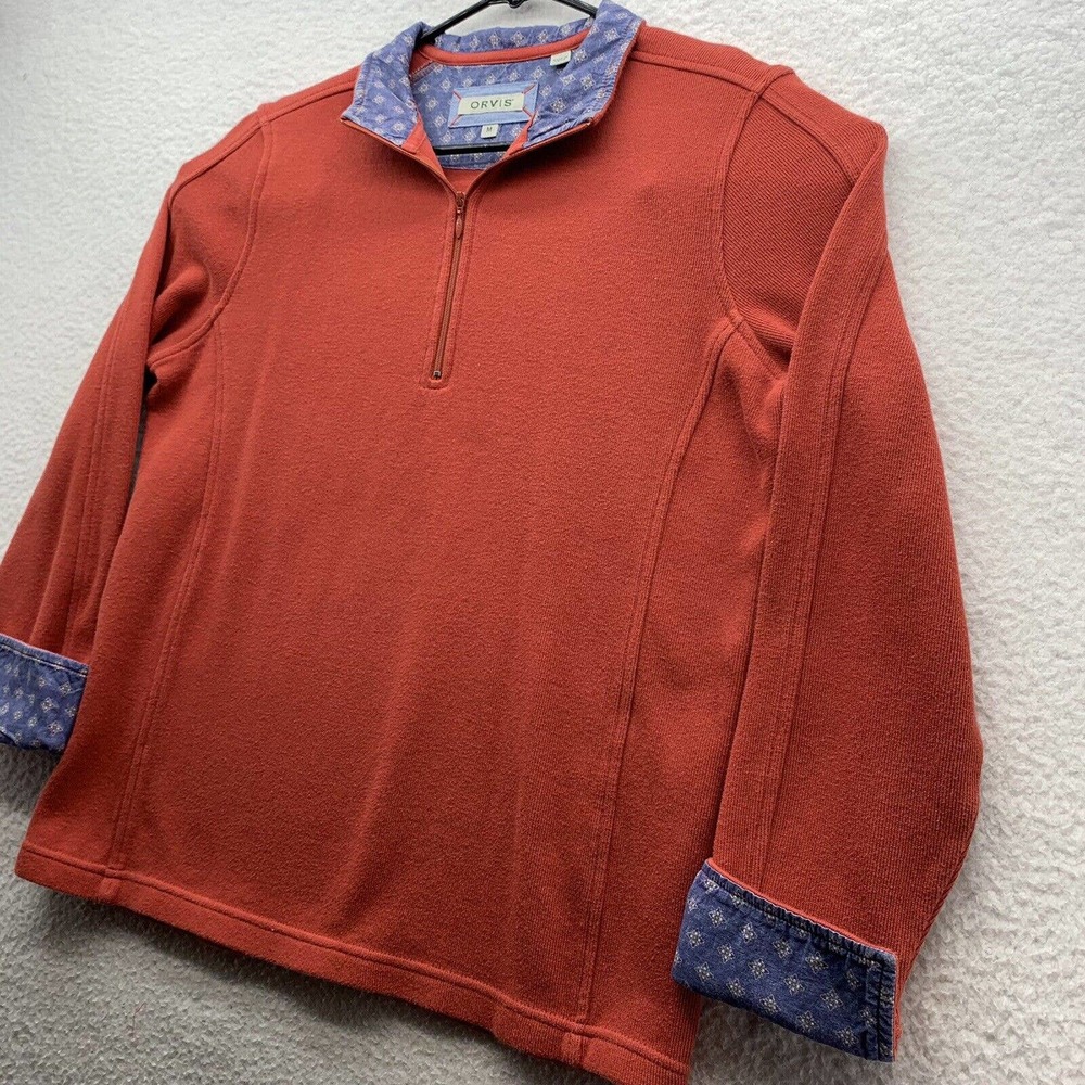 Orvis‎ 1/4 Zip Knit Jacket Mens Medium M Flip Cuff Red Blue Floral Outdoors Dad - Picture 3 of 13